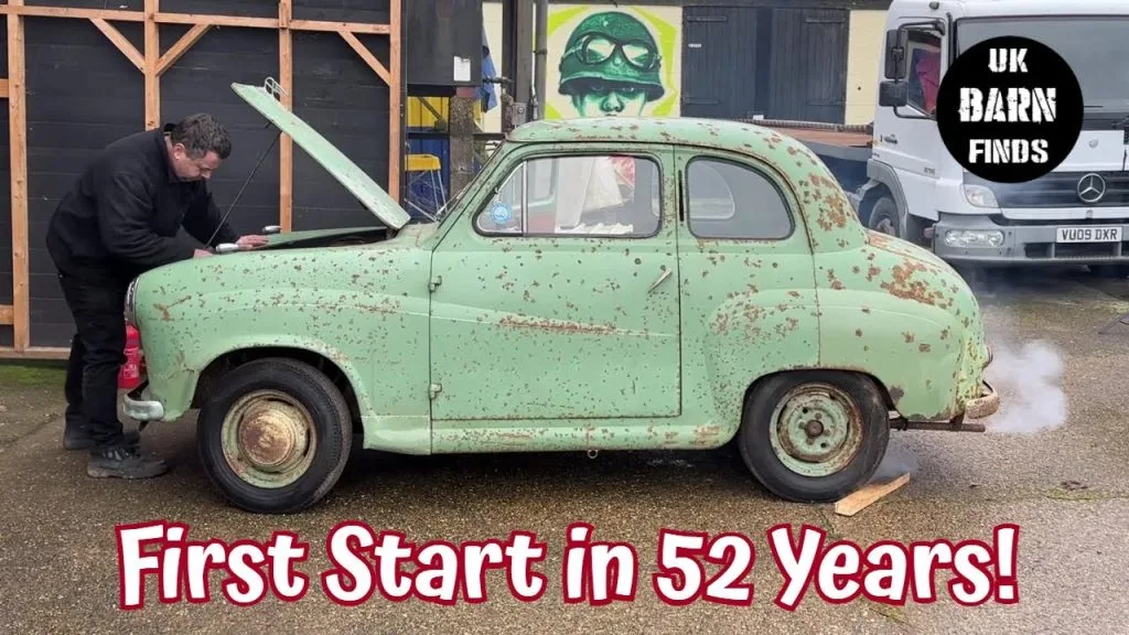 First start video thumbnail - Barn find Austin A30 with the bonnet up and a puff of smoke from the exhaust