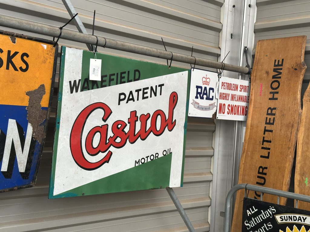 Wakefield Castrol motor oil enamel sign and RAC warning sign vintage garage signage