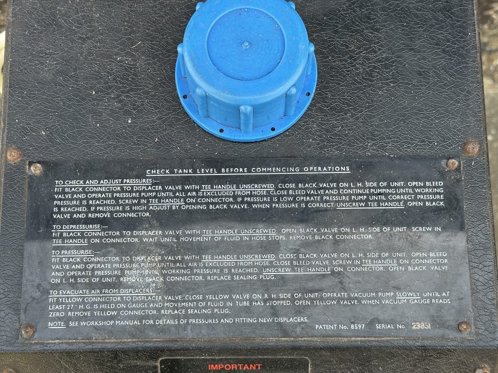 Churchill Hydrolastic pump instruction panel and filler cap