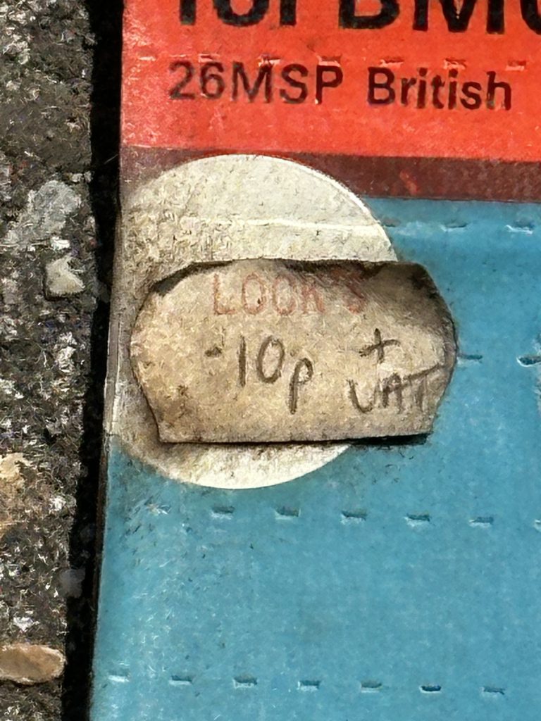 10p price sticker on vintage BMC Mini tool packaging