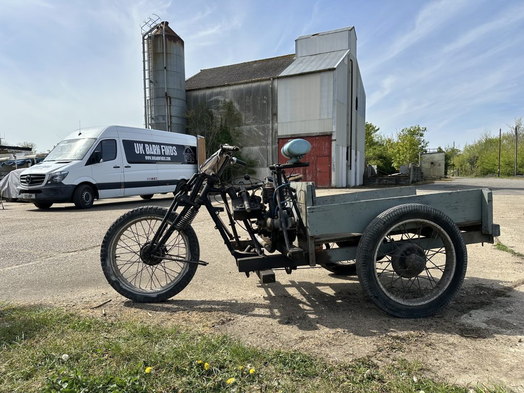 side view estate built trike with UK Barn Finds van in background