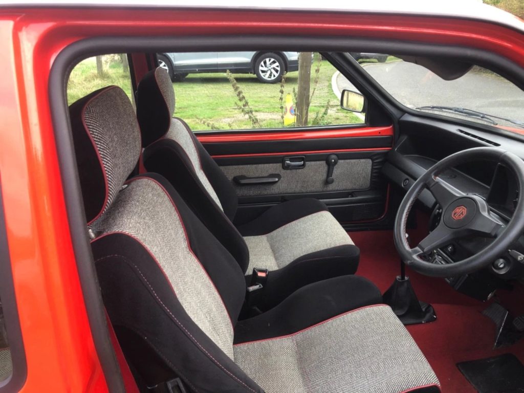 Interior of MG Metro Mk1 showing original seats and dashboard layout