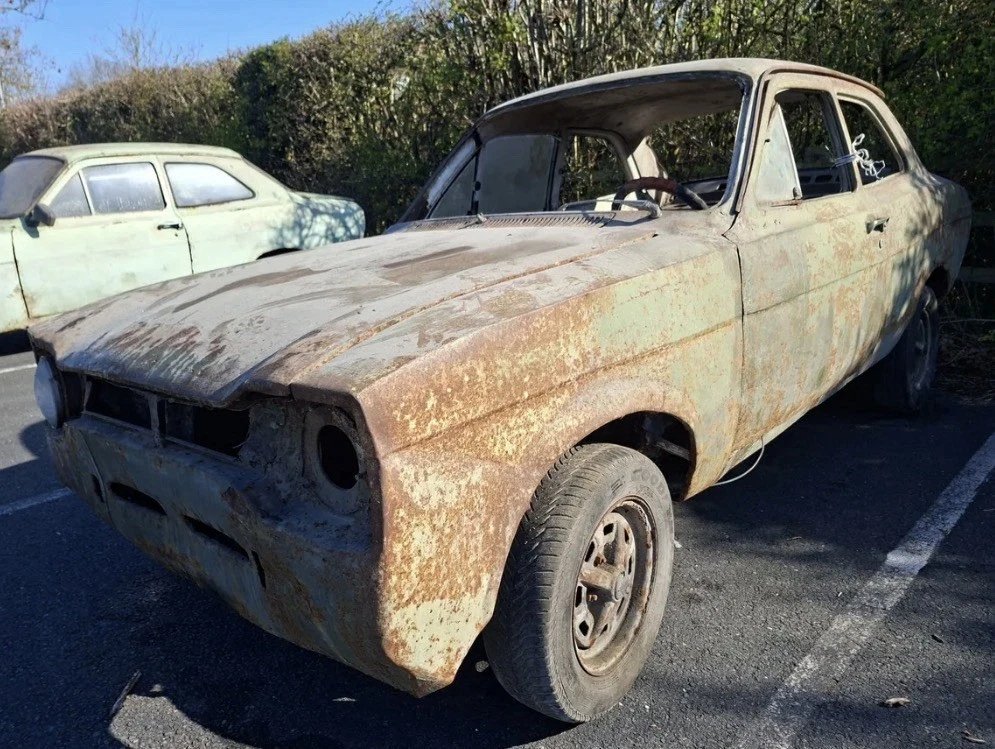 1970 Ford Escort Mk1 project car rusted shell front three quarter view