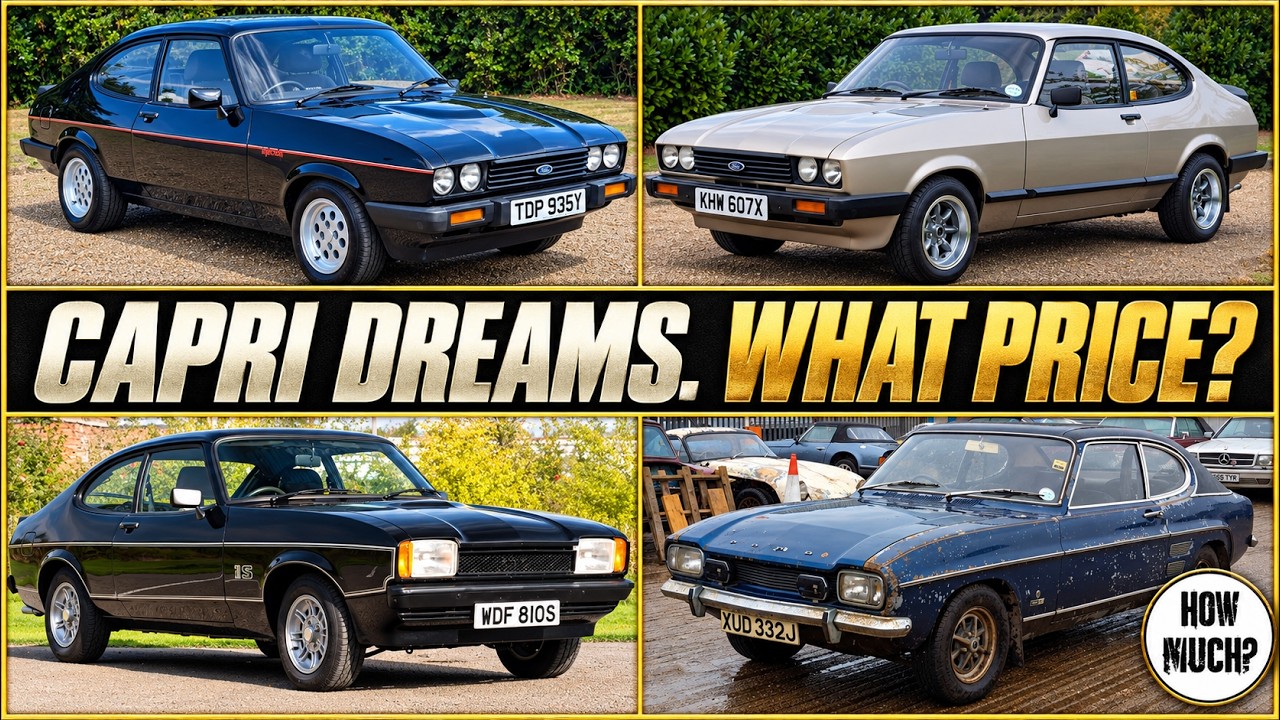 Four classic Ford Capris, including Mk1, Mk2 and Mk3 models, featured in a UK Barn Finds video comparing auction prices.