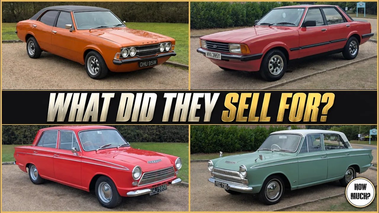 Four Ford Cortinas featured in a How Much?! Classics video comparing their auction selling prices.